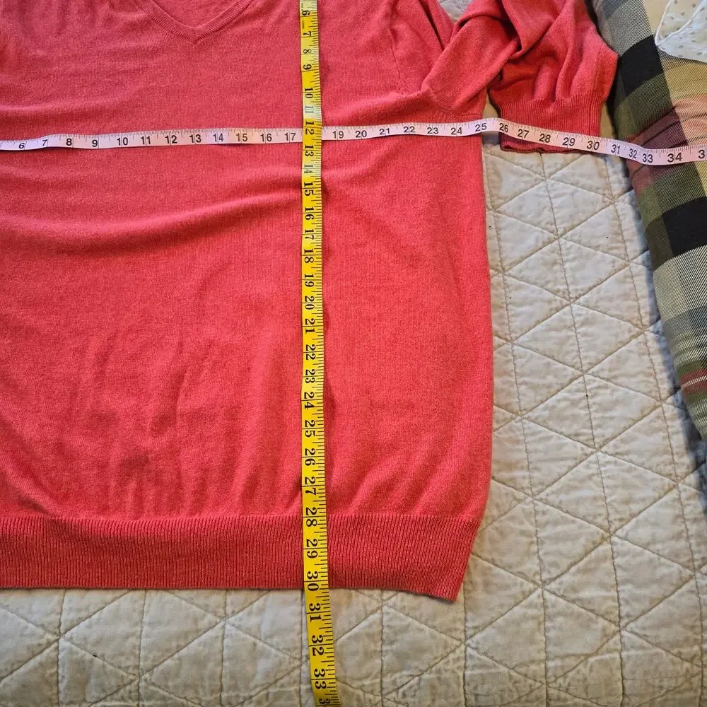 J Crew Men's Sweater XLT Orange Red Cotton Cashmere Blend V Neck Classic Preppy